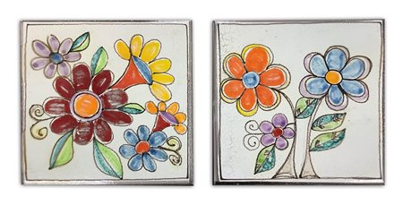 De Simone - Coppia di piastrelle in maiolica raffiguranti fiori variopinti, 60's