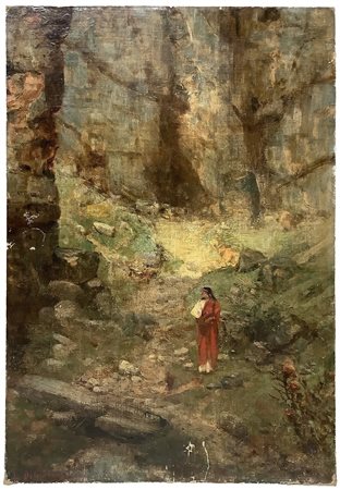 Luigi Di Giovanni (Palermo 1856-Palermo 1938)  - Paesaggio con donna in abiti romani, 20°  secolo