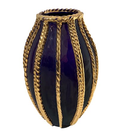 Vaso con fondo blu costolato oro
