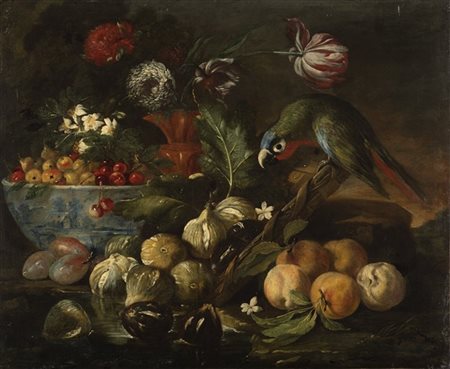 Baldassarre De Caro Composizione di frutta con vaso di fiori e pappagallo
Olio s