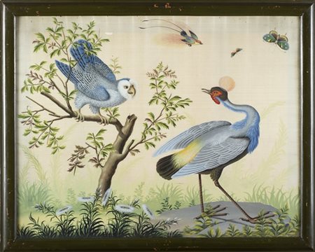 Carlo Antonio Raineri "Volatili esotici in un paesaggio" coppia di dipinti su se