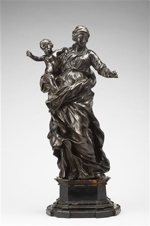 Algardi Alessandro "Madonna con Bambino" gruppo in bronzo poggiante su base coev