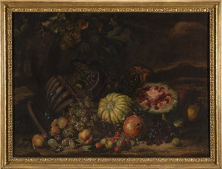 Michelangelo Pace Composizione con uva, anguria, melone e zucche all'aperto
Olio