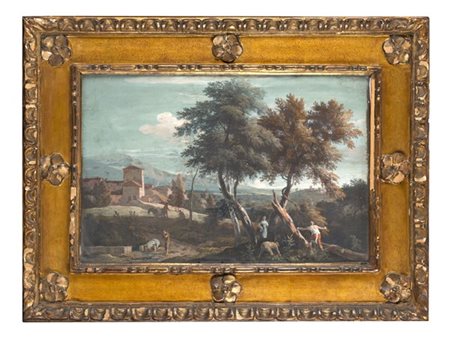Marco Ricci Paesaggio con boscaioli e viandanti
Tempera su carta, cm 31x46
Al re