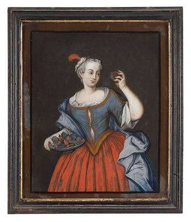 Scuola del secolo XVIII "Figure allegoriche" coppia di verre-peint (cm 30x23,5)