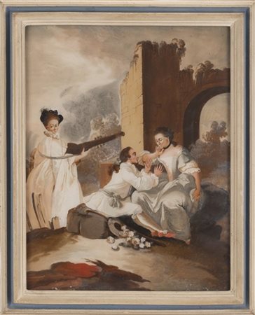 Scuola del secolo XVIII "Scene di genere" gruppo di quattro verre-peint (cm 40x