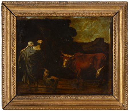 Scuola del secolo XVIII "Scena campestre" verre-peint (cm 14,5x18) In cornice i