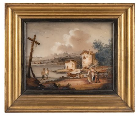 Scuola fiamminga, secolo XVIII "Scena campestre con figure" verre-peint (cm 28,