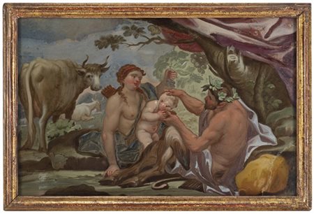 Scuola del secolo XVIII "Diana, Bacco e Pan" verre-peint (cm 19x29) In cornice