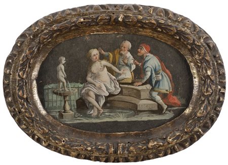 Scuola francese, secolo XVIII "Susanna e i vecchioni" verre-peint di forma elli