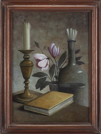 Scuola del secolo XIX "Composizione con candeliere, libro, bottiglia e vaso di