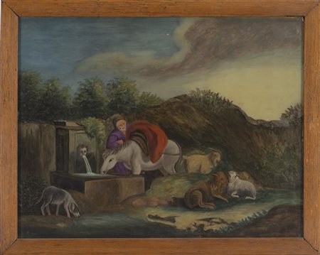 Scuola del secolo XIX "Abbeverata" verre-peint (cm 38x39) In cornice in legno (