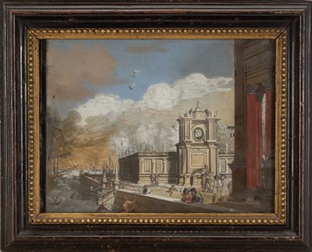 Scuola del secolo XVIII "Scorcio di città portuale" verre-peint (cm 19x26) In c