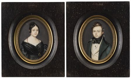 Maestro lombardo secolo XIX "Gentiluomo e Gentildonna" coppia di miniature oval