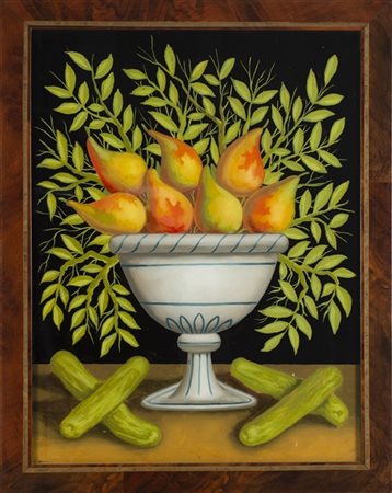 Ignoto, secolo XX "Vasi con frutta e verdura" due verre-peint (cm 64,5x51; cm 6