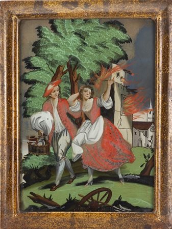 Scuola del secolo XIX "Fuga dalle fiamme" verre-peint (cm 25x18) In cornice in