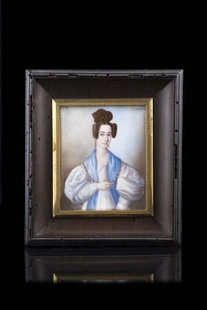 Maestro del secolo XIX "Ritratto di gentildonna con scialle azzurro" miniatura