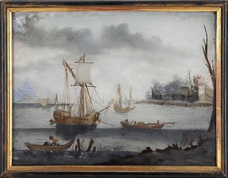Scuola dell'inizio del secolo XIX "Paesaggio portuale con velieri" verre-peint