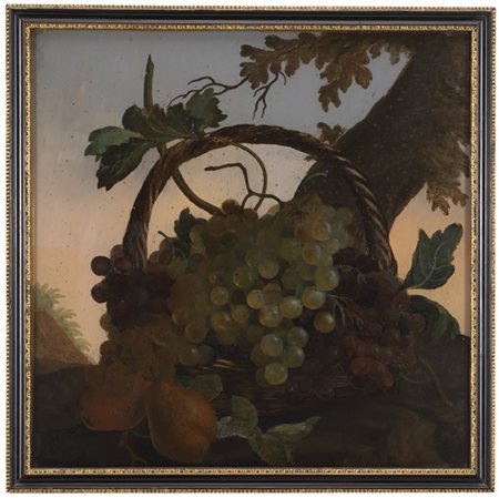 Scuola della fine del secolo XVIII "Cesto con uva e pere in un paesaggio" verre