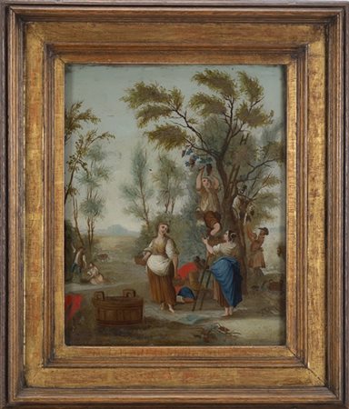 Scuola del secolo XIX "La vendemmia" verre-peint (cm 36x29,5) In cornice in leg