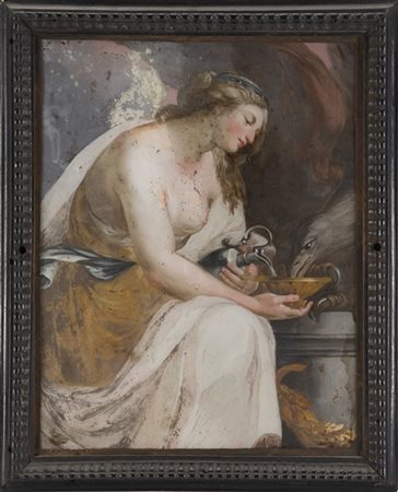 Scuola del secolo XVIII "Ebe coppiera dell'aquila di Giove" verre-peint (cm 30x