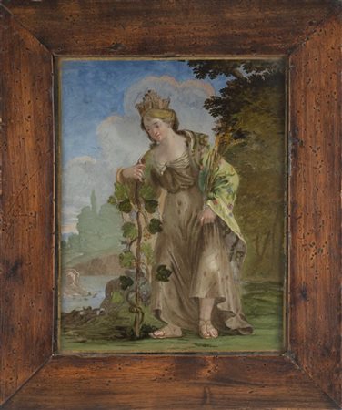 Scuola del secolo XVIII "Allegoria dell'autunno" verre-peint (cm 23x18) In corn