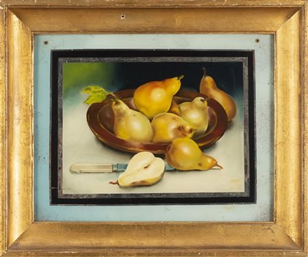 Scuola francese, secolo XIX "Composizione con pere e coltello" verre-peint (cm
