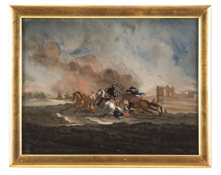 Scuola del secolo XIX "Scene di battaglia" coppia di verre-peint (cm 23,5x30) I