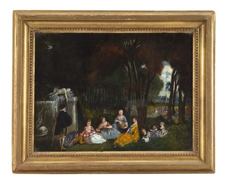 Scuola nordica, secolo XIX "Figure in paesaggi" coppia di verre-peint (cm 21x28