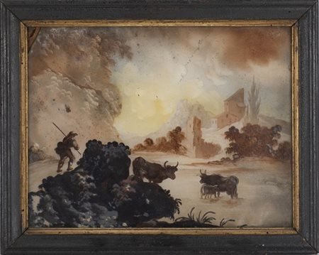 Scuola del secolo XVIII "Pastore con buoi in un paesaggio" verre-peint (cm 19x2