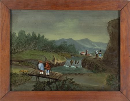Scuola del secolo XIX "Paesaggio con figure" verre-peint (cm 24,5x34) In cornic