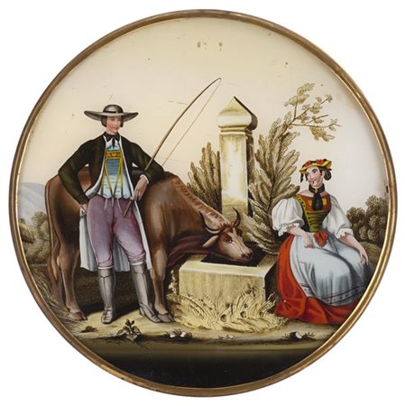 Scuola del secolo XIX "Abbeverata" fixè (d. cm 17) In cornice in metallo dorato