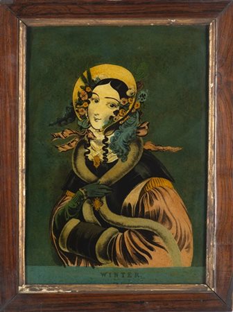 Scuola inglese, secolo XIX "Winter" incisione a colori applicata su vetro (cm 3