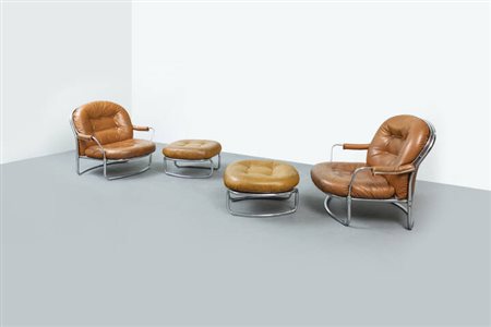 CARLO DE CARLI<BR>Coppia di poltrone con poggiapiedi mod. 915