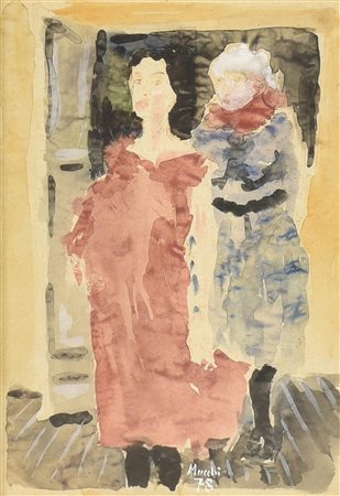 Gabriele Mucchi LA VECCHIA E LA GIOVANE acquarello su tela, cm 36x25 firma e...