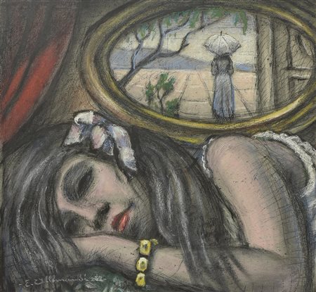 Enrico Allimandi SOGNO tecnica mista su cartoncino, 50x56 cm firma e data...