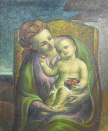 Giovanni Misani MADRE CON BAMBINO olio su tela, cm 63x53 sul retro: firma...