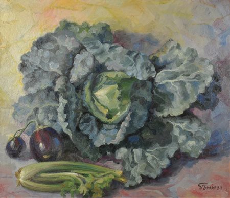 Giovanni Misani NATURA MORTA CON VERZA affresco, cm 86x96 firma e data sul...