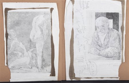 ITALO CREMONA<BR>Cozzo Lomellina (PV) 1905 - 1979 Torino<BR>Doppia acquaforte (fronte e retro): <BR>"Autoritratto", 1968 / "Bagnanti", 1963