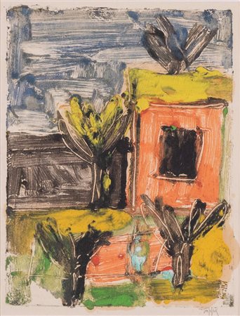Roberto Crippa (Monza 1921 - Bresso 1972), “Case e alberi”, 1948.Monotipo olio su carta,