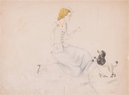 Mario Sturani (Ancona 1906 - Torino 1978), “La ragazza col cagnolino”.Tecnica mista su carta,