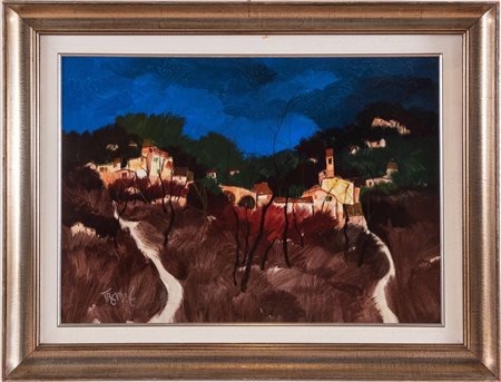 Artista del XX sec. (Modena), “Paesaggio”.Olio su faesite, firmato in basso a sinistra E