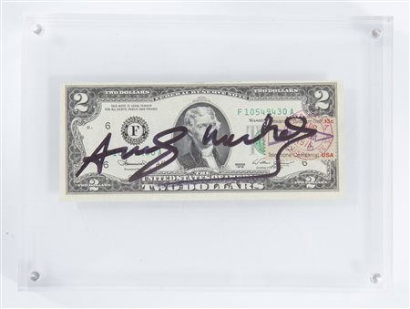 Andy Warhol, “2 dollars (Thomas Jefferson)”, 1976.Pennarello su banconota, firmata sul fronte