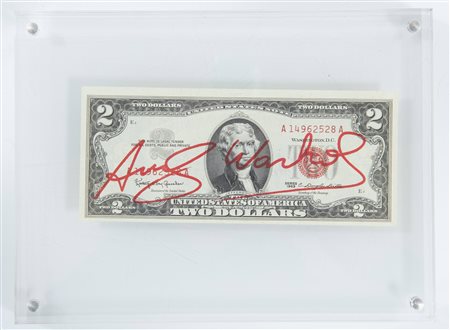 Andy Warhol, “2 dollars (Thomas Jefferson)”, 1963.Pennarello su banconota, firmata sul fronte