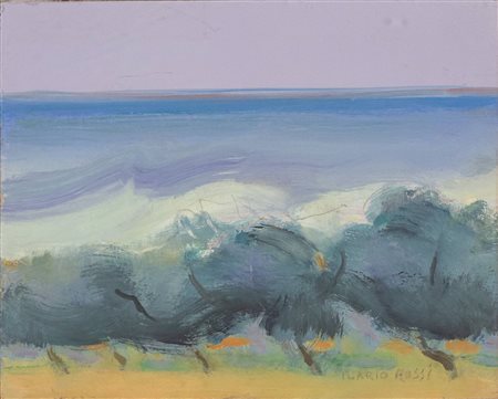 Ilario Rossi (Bologna 1911 - 1994), “Paesaggio marino”.Olio su faesite, firmato in basso a