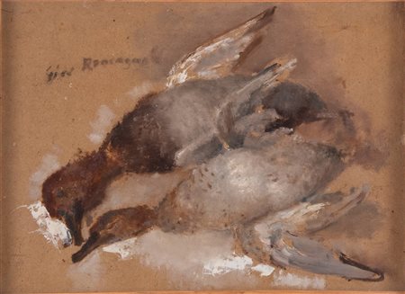 Giovanni Romagnoli (Faenza 1893 - Bologna 1976), “Le anitre”, 1950.Olio su tavola, firmato in