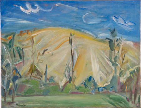 Pompilio Mandelli (Luzzara 1912 - Bologna 2006), “Paesaggio”, 1949.Olio su tela recto verso,