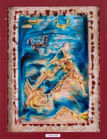 Carlo Zauli (Faenza 1926 - 2002), “La caccia”.Placca in ceramica decorata in altorilievo e