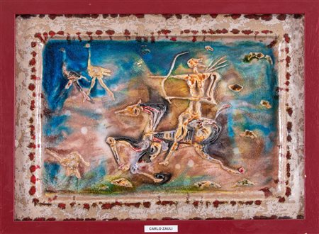 Carlo Zauli (Faenza 1926 - 2002), “La caccia a cavallo”.Placca in ceramica decorata in