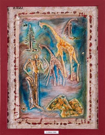 Carlo Zauli (Faenza 1926 - 2002), “Le giraffe”.Placca in ceramica decorata in altorilievo e